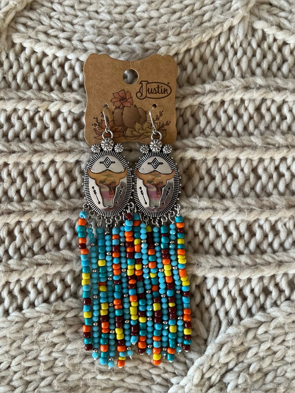 Justin Boots Bull Beaded Southwestern Turquoise Earrings NWT